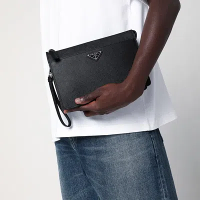 Prada Mens Black Logo-plaque Saffiano-leather Pouch In Black