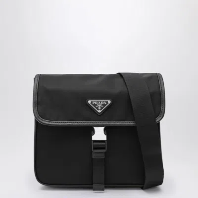 Prada Fabric Leather Shoulder Bag Adjustable Strap Front Flap In Black