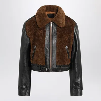 Prada Womens Black Panelled Leather And Shearling Jacket In Black