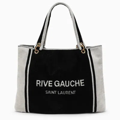 Saint Laurent Rive Gauche Tote In And White Terry Cloth In Black