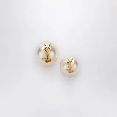 Saint Laurent Asymmetrical Earrings With Pearl And Cassandre Logo In Gold
