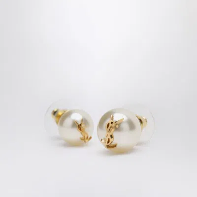 Saint Laurent Asymmetrical Earrings With Pearl And Cassandre Logo In Gold