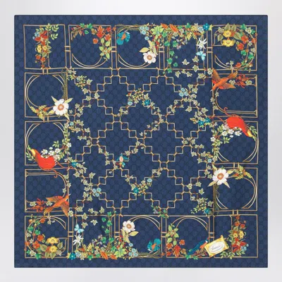 Gucci Midnight Blue Silk Scarf With Flora Print Women In Blue