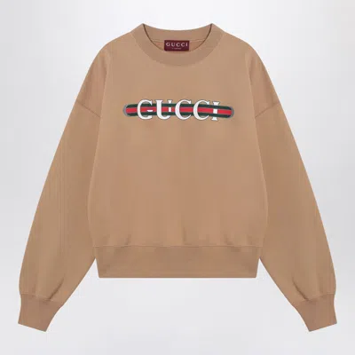 Gucci Caramel-coloured Sweatshirt With Printed Logo In Brown