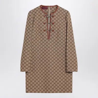 Gucci Cotton Blend Dress With All-over Gg Print In Brown