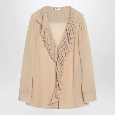 Saint Laurent Beige Blouse With V Neck And Ruffles On Front And Rear In Silk Woman In Brown