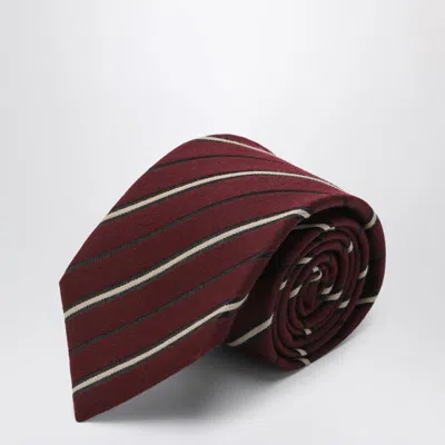 Saint Laurent Silk And Wool Striped Wide Tie In Brown