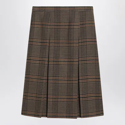 Saint Laurent Prince Of Wales Wool Midi Skirt In Brown