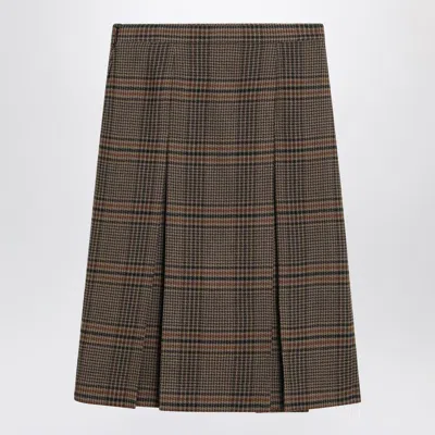 Saint Laurent Prince Of Wales Wool Midi Skirt In Brown