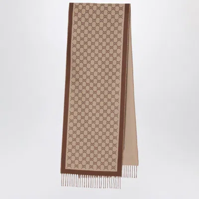 Gucci Reversible Wool Scarf Fringed Edges In Brown