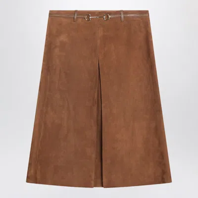 Gucci Brown Suede Skirt With Horsebit Detail Women In Brown