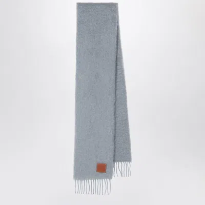 Loewe Womens Light Grey Brand-plaque Fringed Wool-blend Scarf In Blue