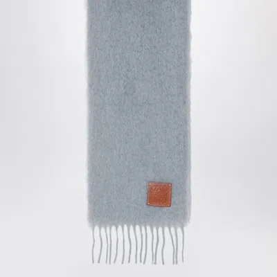 Loewe Womens Light Grey Brand-plaque Fringed Wool-blend Scarf In Blue
