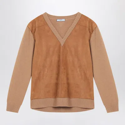 Prada Wool And Suede V-neck Sweater In Brown