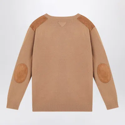 Prada Wool And Suede V-neck Sweater In Brown