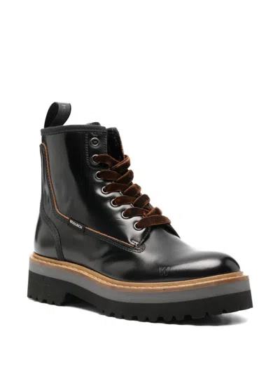 Woolrich Chunky Sole Leather Lace Up Ankle Boots In Black