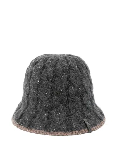 Brunello Cucinelli Sequin-embellished Cable-knit Bucket Hat In Gray