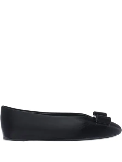 Ferragamo Leather Round Toe Ballerina Shoes With Bow Detail In Black