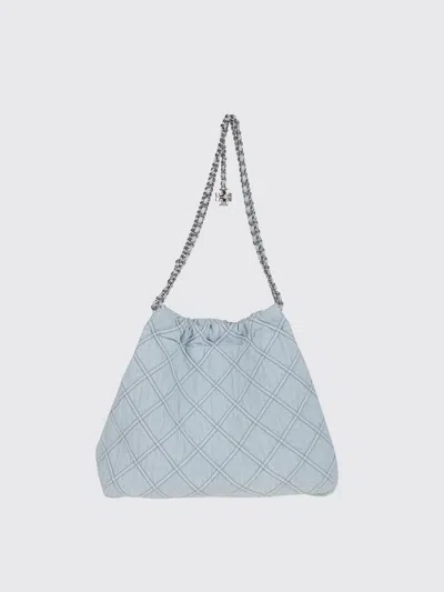 Tory Burch 'fleming' Grey Diamond Quilted Shoulder Bag With Chain-link Handles In Leather Woman In Blue