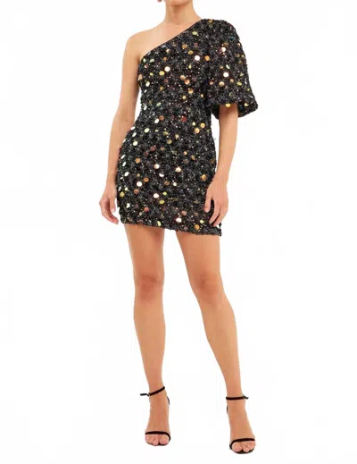 Endless Rose One-shoulder Puff-sleeve Sequin Mini Dress In Black