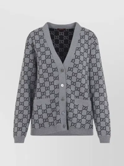 Gucci Wool Jacquard Cardigan With Gg Shadow In Grey