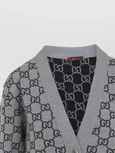 Gucci Wool Jacquard Cardigan With Gg Shadow In Grey