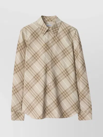 Burberry Women Beige Shirt With Pointed Collar And All-over Check Motif In Cotton Woman In Neutral