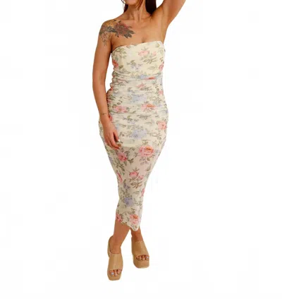 Edit By Nine Cassidy Strapless Floral Mesh Shirred Midi Dress In Cream In Neutral