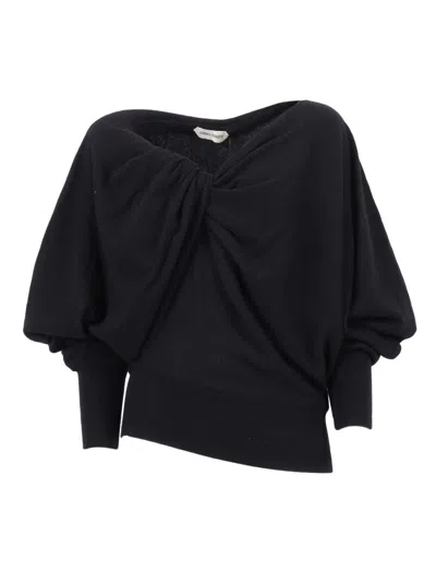 Alberta Ferretti Draped Twisted Front Top With Voluminous Sleeves In Black