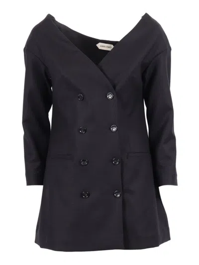 Alberta Ferretti Double-breasted Virgin Wool Jacket With Deep V-neckline In Black