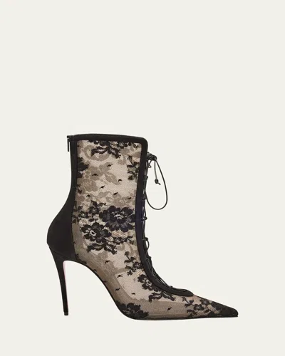 Christian Louboutin Floral Mesh Red Sole Lace-up Booties In Black