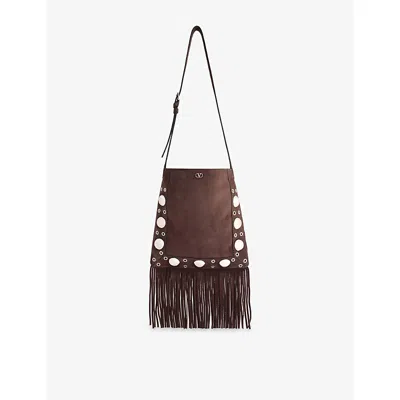 Valentino Fringed Suede Shoulder Bag With Adjustable Strap In Brown