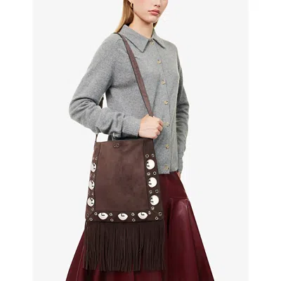 Valentino Fringed Suede Shoulder Bag With Adjustable Strap In Brown
