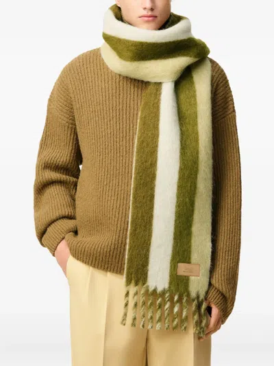 Ami Alexandre Mattiussi Rectangular Scarf With Fringed Edges And Stripes In Green