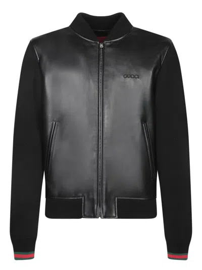 Gucci Black Bomber Jacket With Front Logo In Nappa Leather And Mesh Man In Black