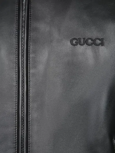 Gucci Black Bomber Jacket With Front Logo In Nappa Leather And Mesh Man In Black