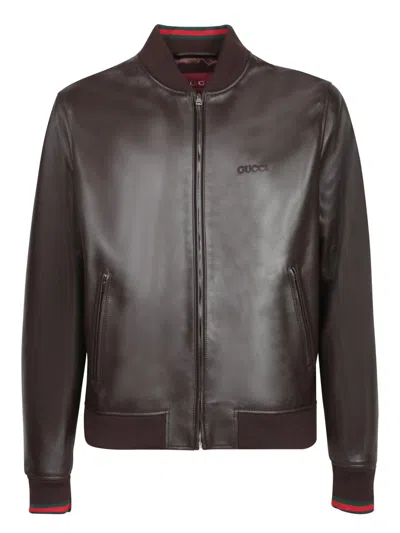 Gucci Men Dark Brown Leather Bomber Jacket