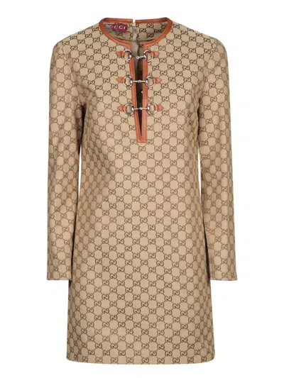 Gucci Beige Crewneck Mini Dress With Horsebit On The Front In Gg Canvas Woman In Brown