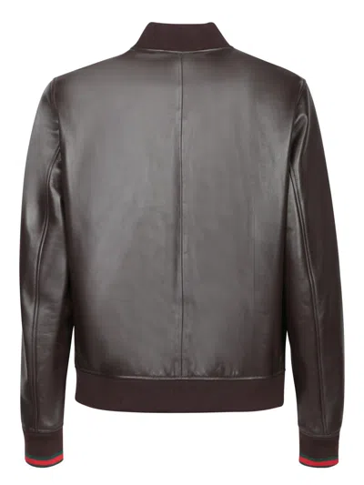 Gucci Men Dark Brown Leather Bomber Jacket