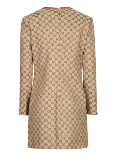 Gucci Beige Crewneck Mini Dress With Horsebit On The Front In Gg Canvas Woman In Brown