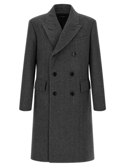 Tom Ford Mens Dark Grey Black Herringbone Double-breasted Wool Coat In Gray