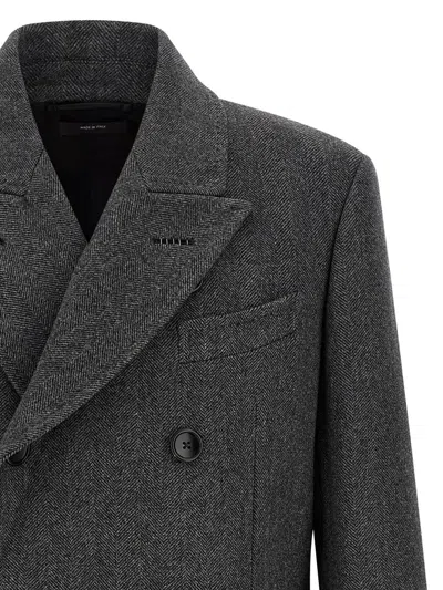 Tom Ford Mens Dark Grey Black Herringbone Double-breasted Wool Coat In Gray