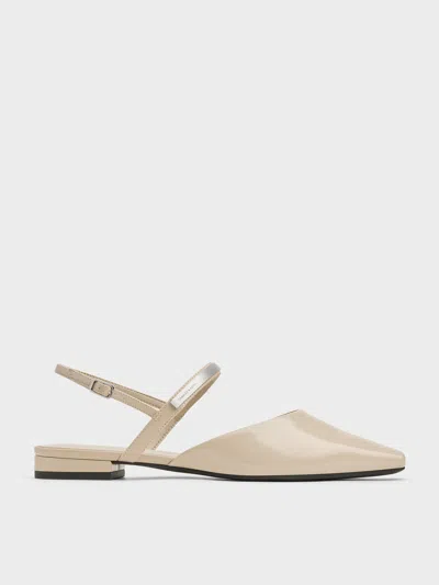 Charles & Keith - Patent Metallic-accent Square-toe Slingback Flats In Neutral