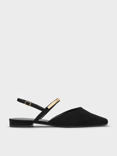 Charles & Keith - Faux Suede Metallic-accent Square-toe Slingback Flats In Black