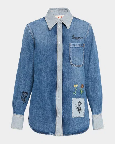 Marni Denim Shirt With Embroidered Floral Motifs In Blue