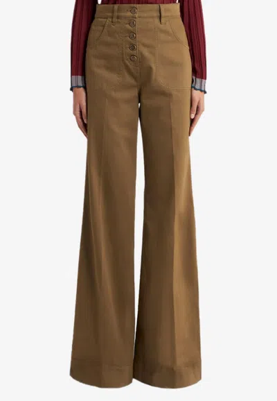 Etro Flared Denim Jeans With Pegaso Buttons In Brown