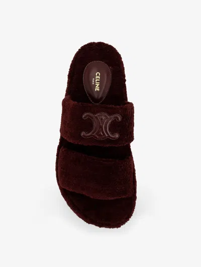 Celine Women Triomphe Fur Shearling Slides In Red