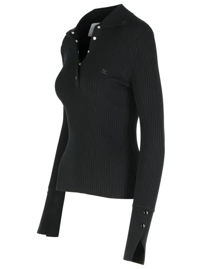 Courrèges Fitted Ribbed Long-sleeve Top With Unique Collar In Black