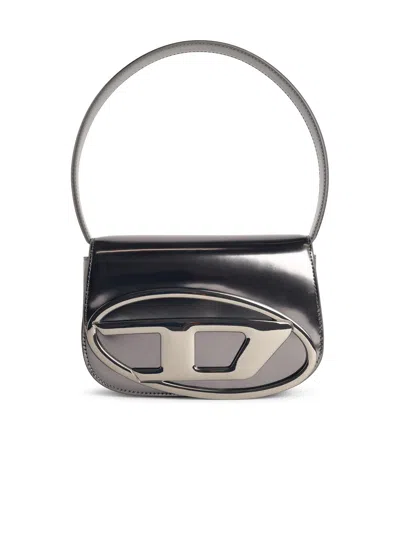 Diesel 1dr Silver-tone Shoulder Bag With Oval D Patch In Lamintaed Leather Woman In Gray