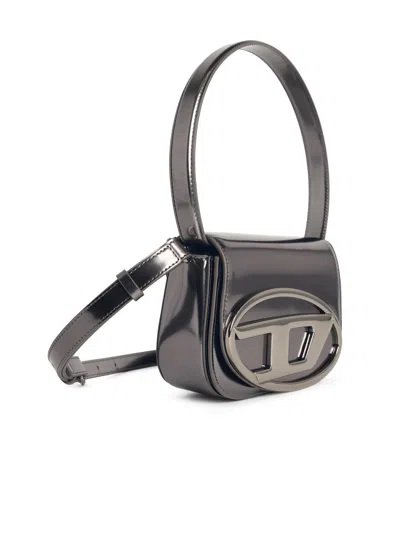 Diesel 1dr Silver-tone Shoulder Bag With Oval D Patch In Lamintaed Leather Woman In Gray